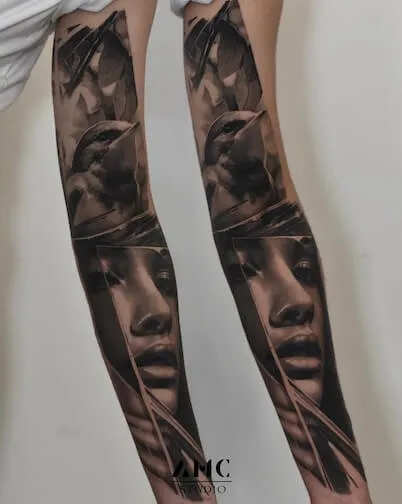 women sleeve with bird tattoo