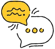 Illustration of two overlapping speech bubbles, one with wavy lines and the other with three yellow dots, connected by a curved line.