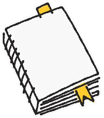 Illustration of a closed spiral-bound notebook with a yellow bookmark and tab.