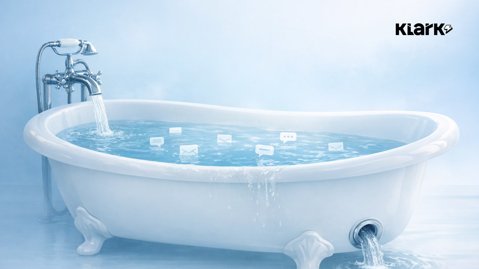 Hero éditorial Klark avec une baignoire blanche alimentée par un robinet, un niveau d'eau chargé de petites icônes de messages et le logo officiel Klark.