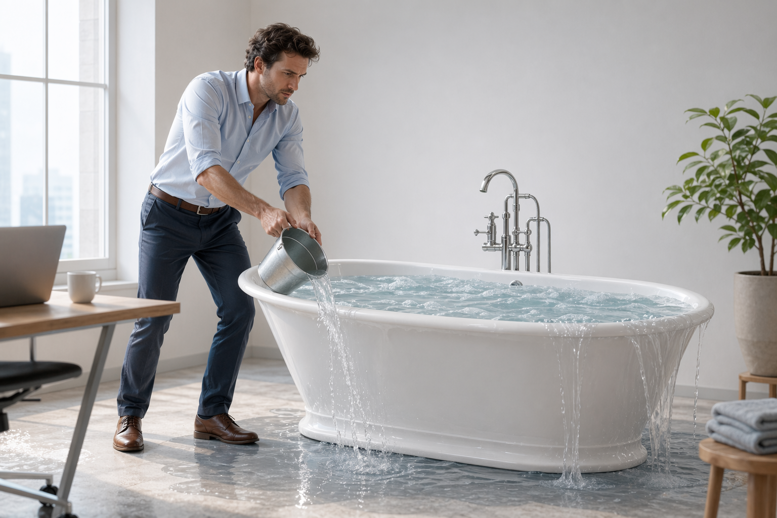 Un directeur du service client écope l’eau d’une baignoire qui déborde, illustrant un backlog de tickets ingérable.