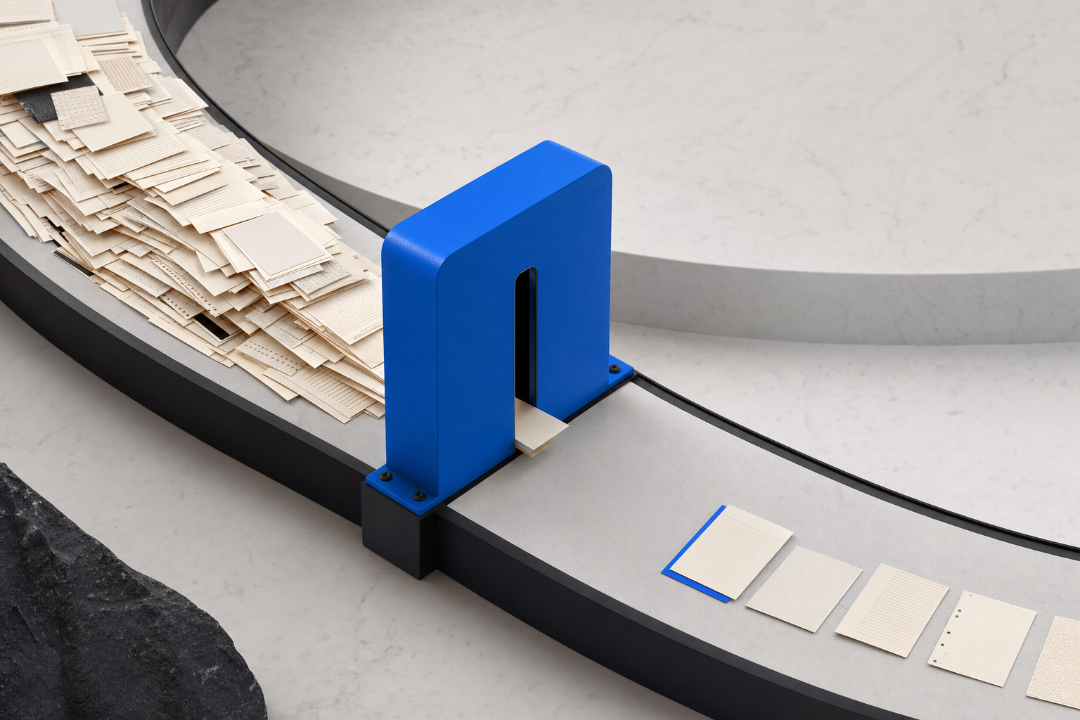 A stream of supporting documents passes through a blue filter to retain only a small set of relevant sources