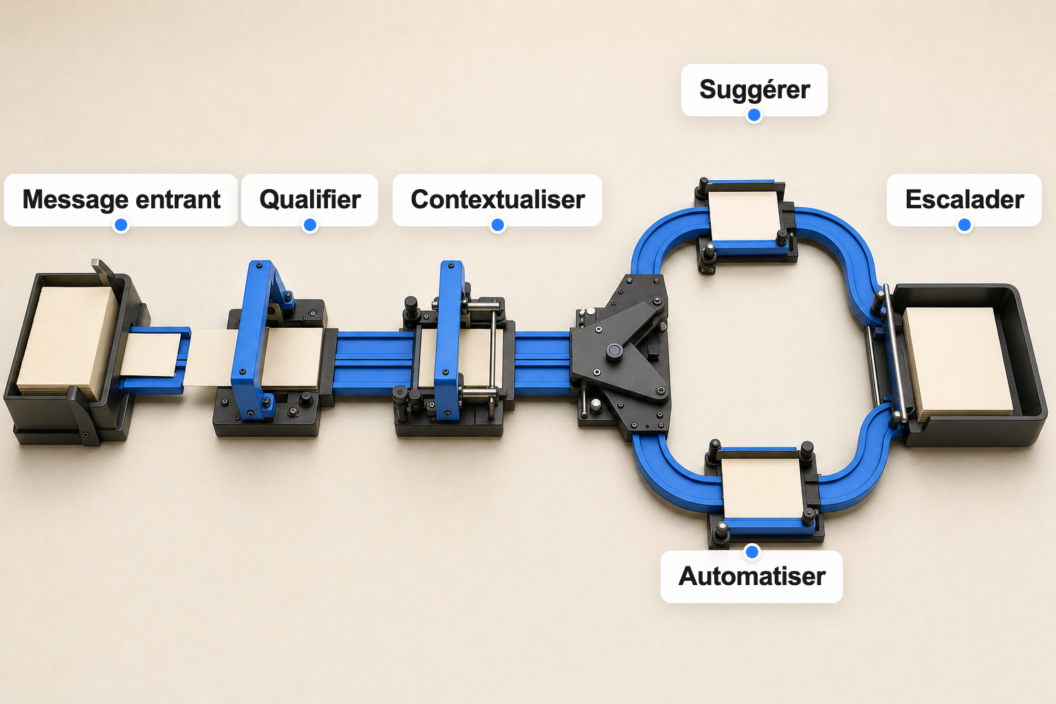 Flux d'un agent conversationnel : qualifier, contextualiser, suggérer ou automatiser, puis escalader