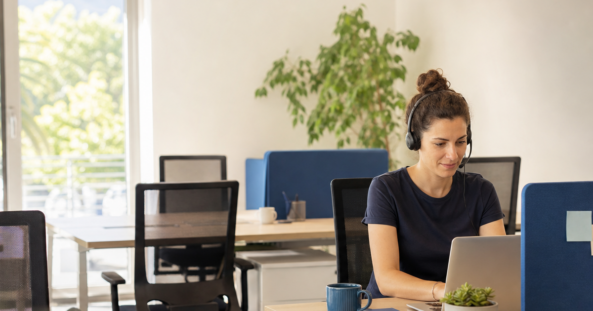 A customer service representative is working a summer shift in an office with some vacant desks.