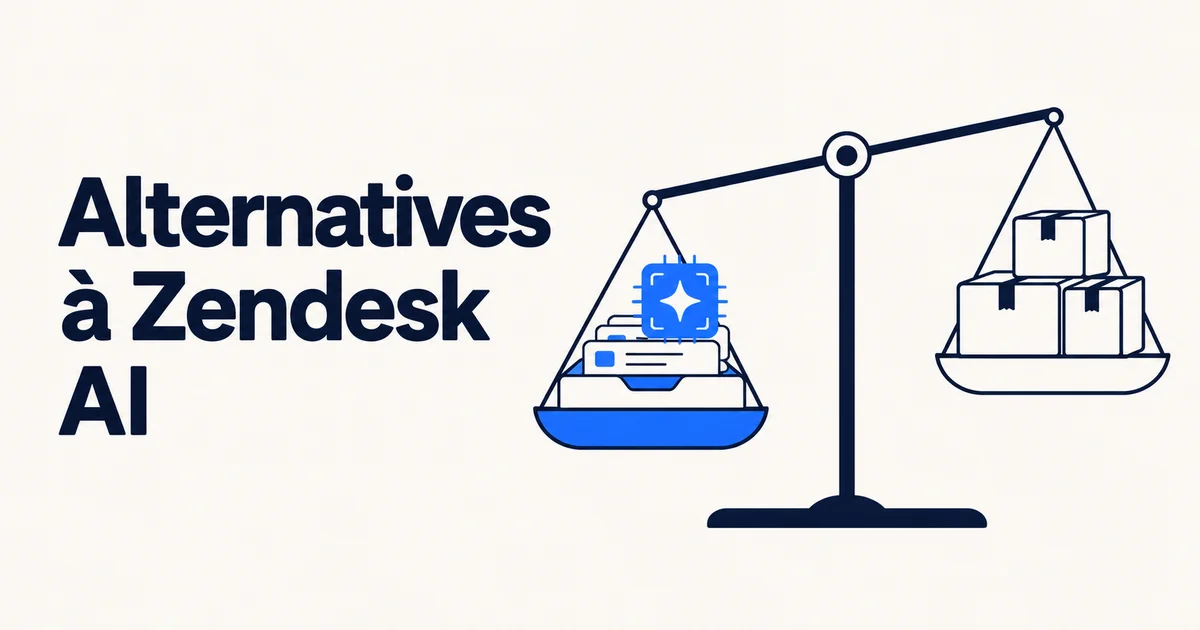 Balance comparant un helpdesk doté d’un module IA bleu et des cartons de migration, alternatives à Zendesk AI