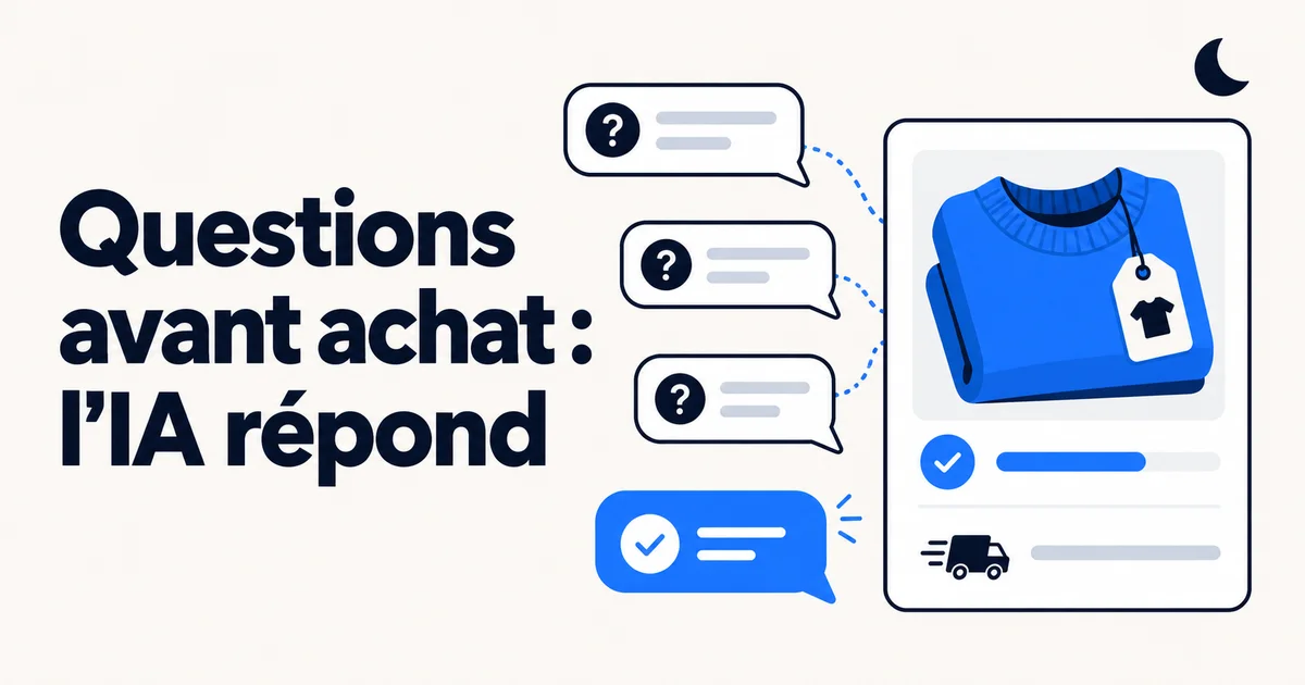 Fiche produit de boutique en ligne entourée de questions sur la taille, le stock et la livraison, avec une réponse en bleu