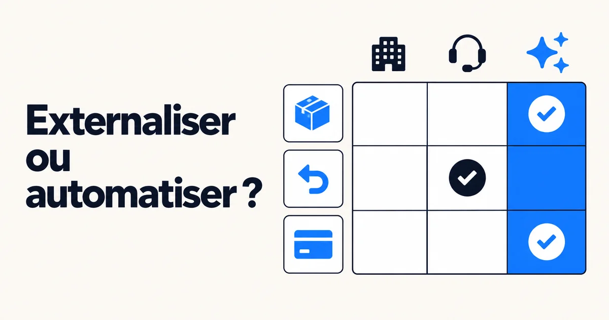 Grille de décision qui répartit des demandes SAV e-commerce entre prestataire externe, équipe interne et IA