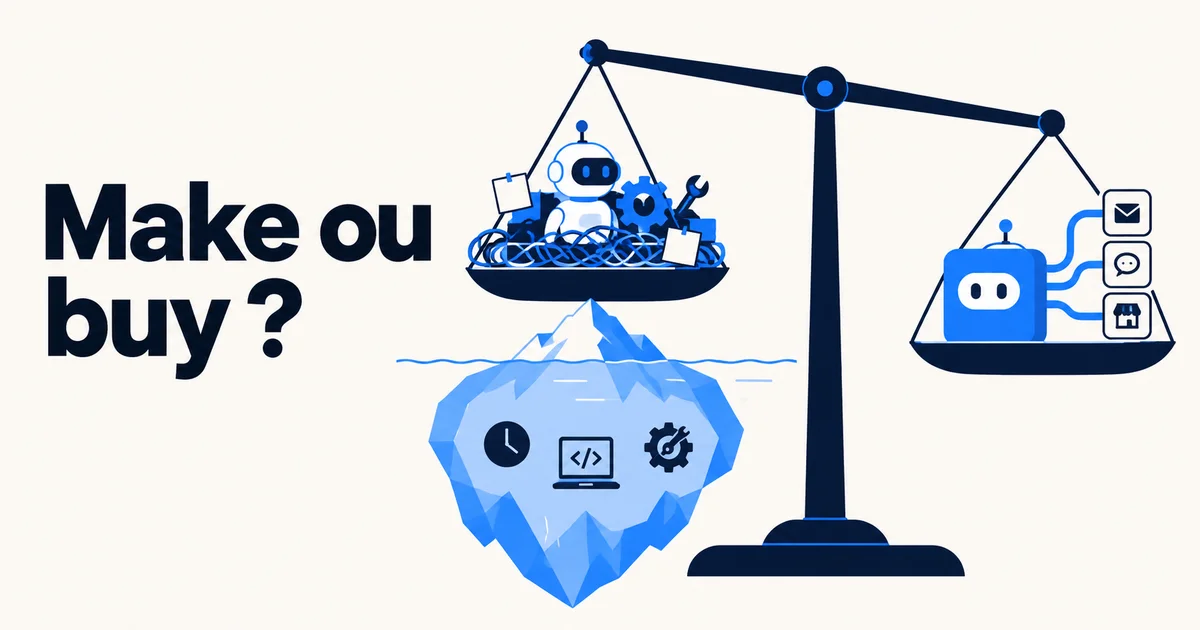 Balance avec d'un côté une IA maison entourée de chantiers et de factures cachées, de l'autre une solution prête à brancher
