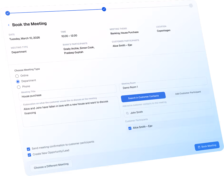 Meeting booking form for a meeting about banking and house purchase with participants and meeting details entered.