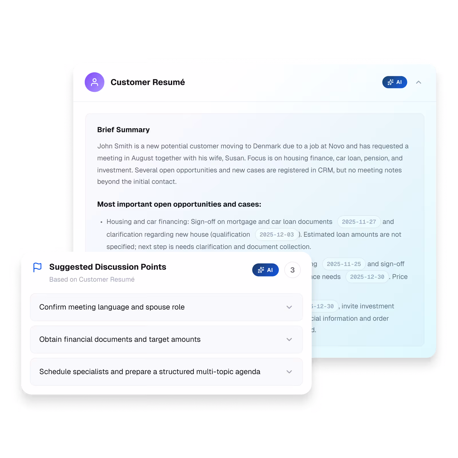Screenshot of prepare module showing a Customer resume overview and a list of suggested discussion points including meeting language, financial documents, and scheduling specialists.