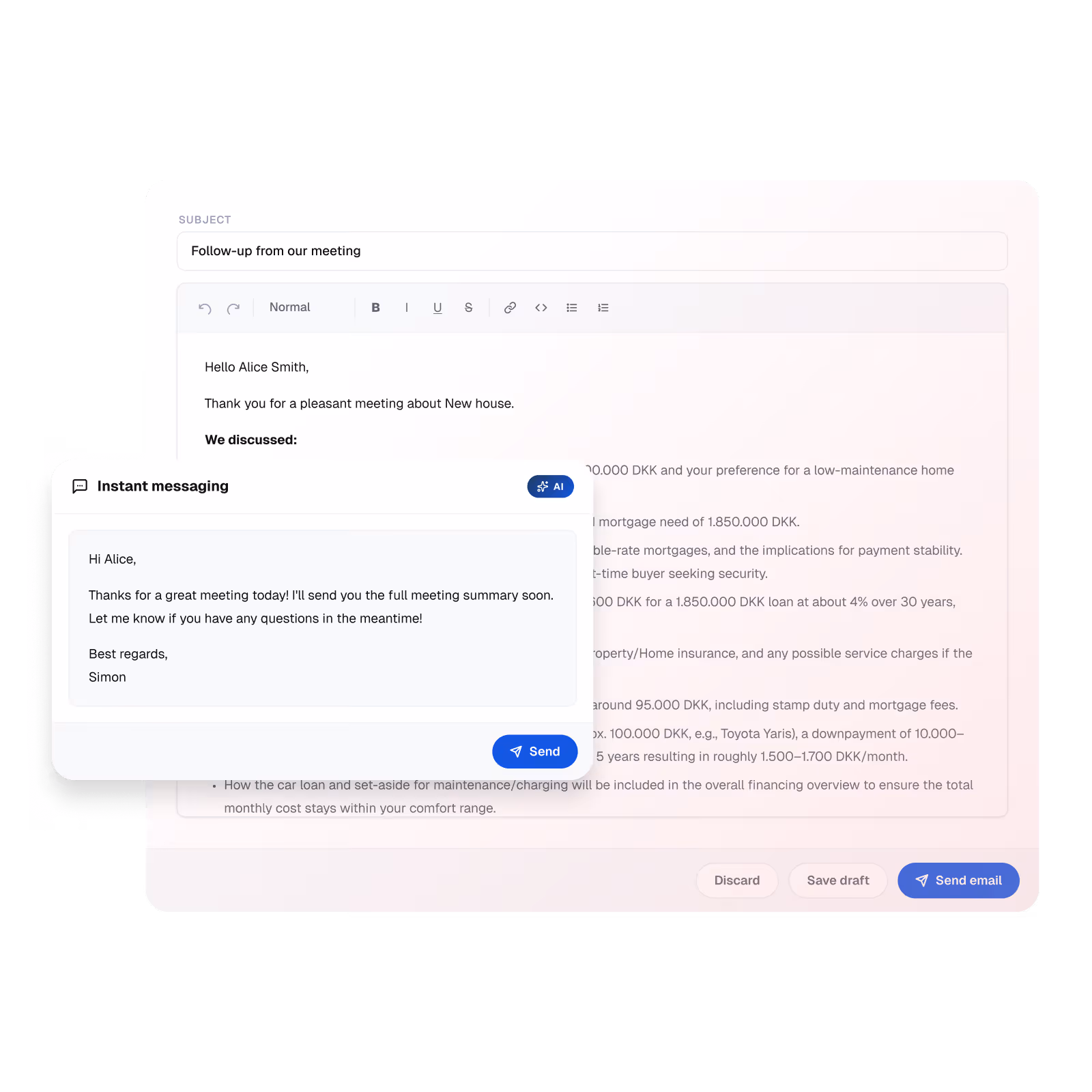 Screenshot of Act module showing a Email draft with a summarized meeting discussion and an instant messaging window.