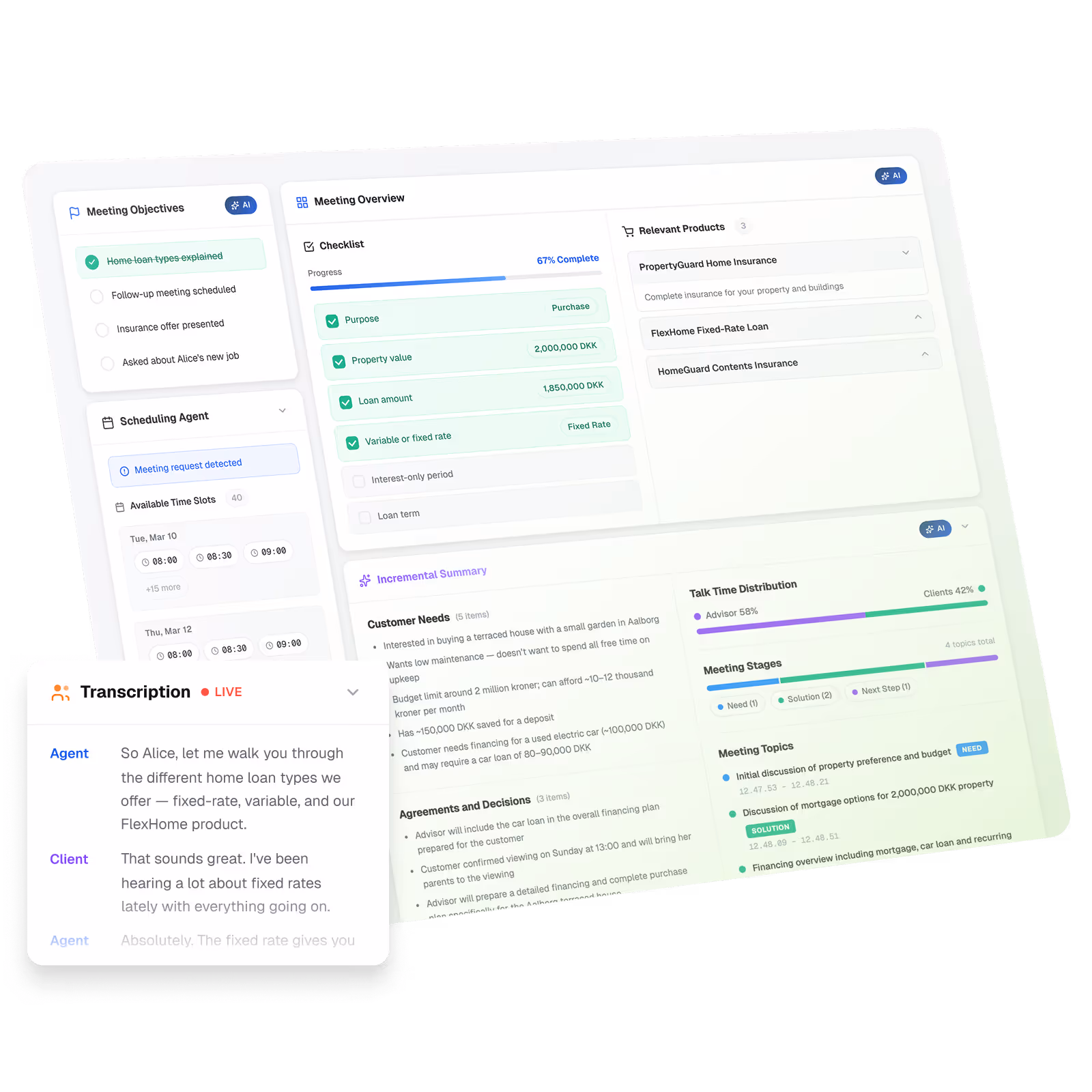 Screenshot of Assist module showing a Digital meeting dashboard showing relevant products, customer needs summary, talk time distribution, meeting stages, topics, and a live transcription of agent-client dialogue.