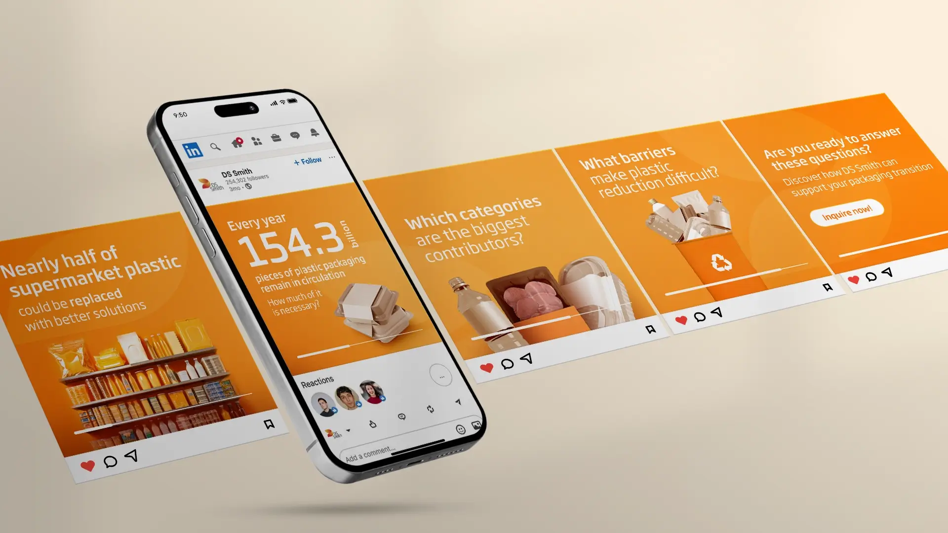 A smartphone screen displays an app with orange-themed graphics highlighting plastic reduction. 