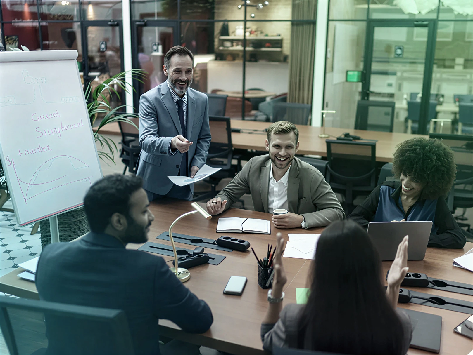 Group of people representing marketing agency and a client company discussing together 