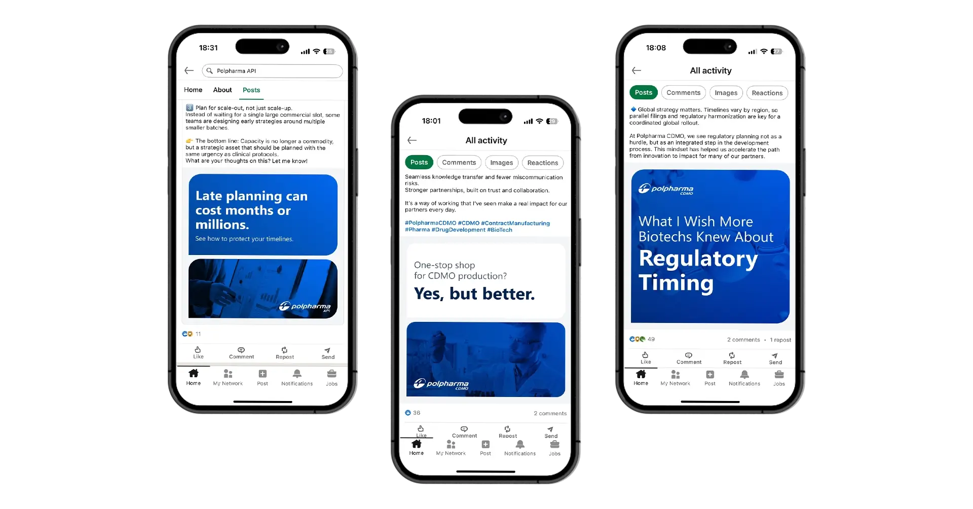 Visual presenting 3 mobile devices and social media assets presented on their screens