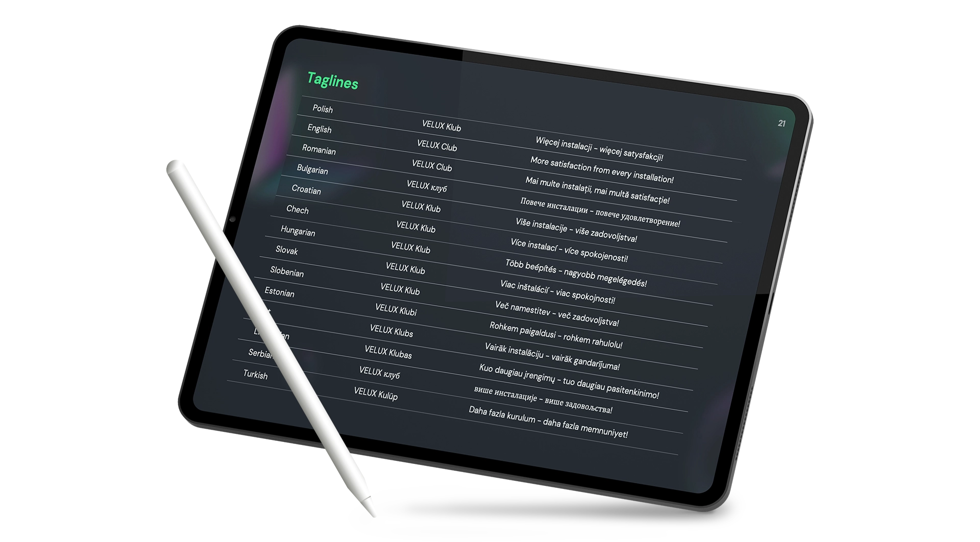 Visual presenting tagline in different lanuages on a screen of a tablet