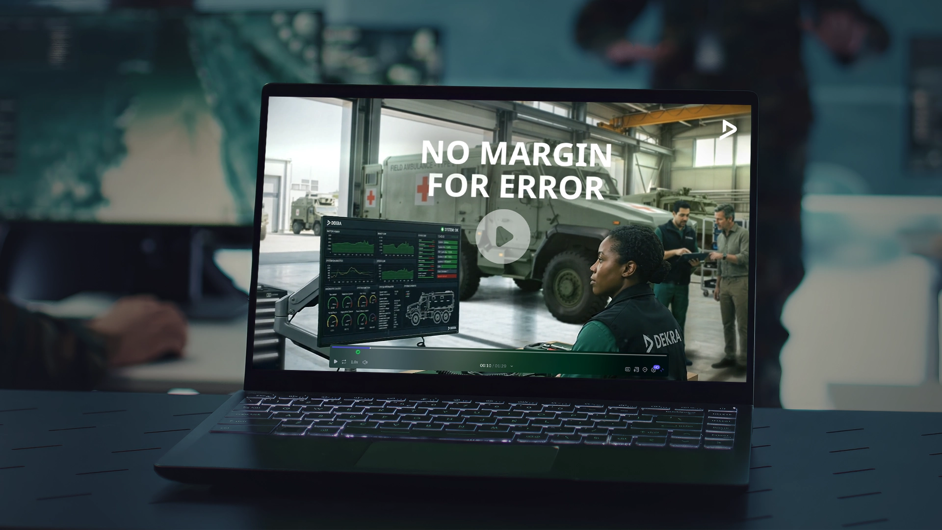 Visual presenting laptop and fragment of a lead video on a screen. 