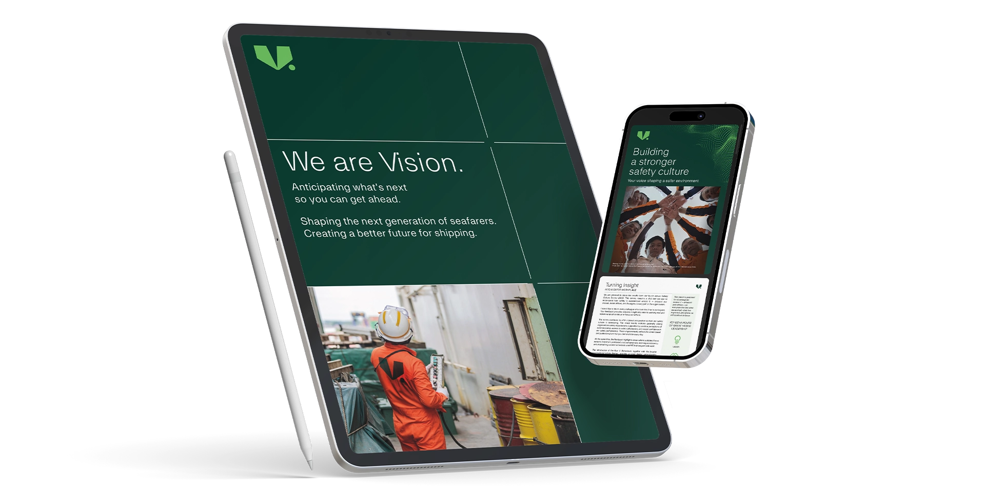 Tablet and smartphone featuring diverse office posters, representing digital assets for V. Group