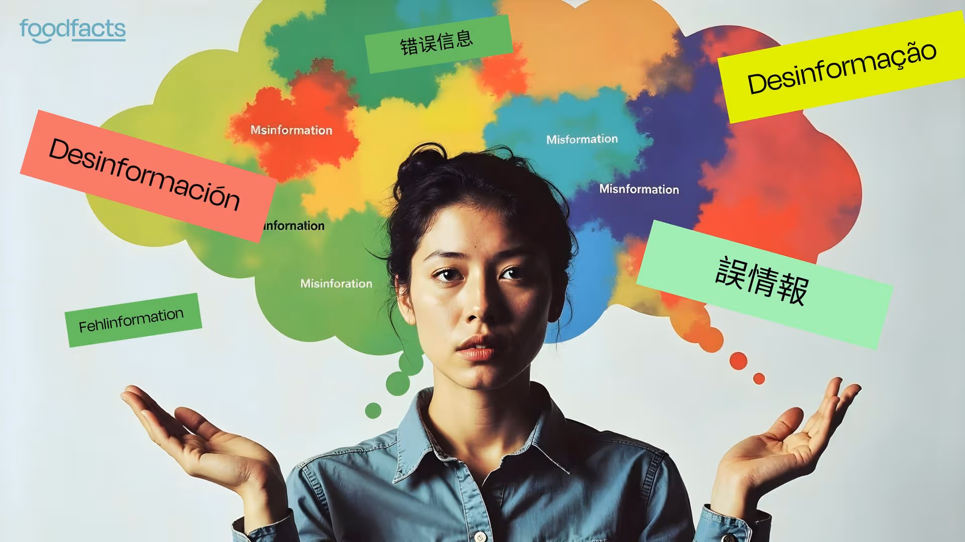 A young woman looks confused with a cloud of colours and words above her head. The text says misinformation in a number of different languages.