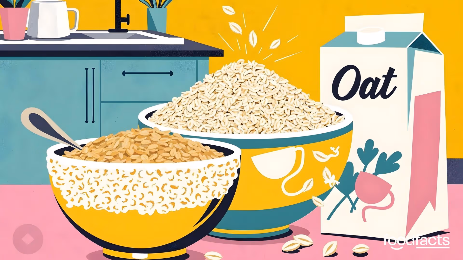 A colorful illustration of two overflowing bowls of oats and a carton labeled "Oat" in a cheerful kitchen setting. The image reflects the article’s theme of defending oats as a nutritious and unjustly criticized breakfast choice, debunking claims that portray oats as unhealthy or harmful.