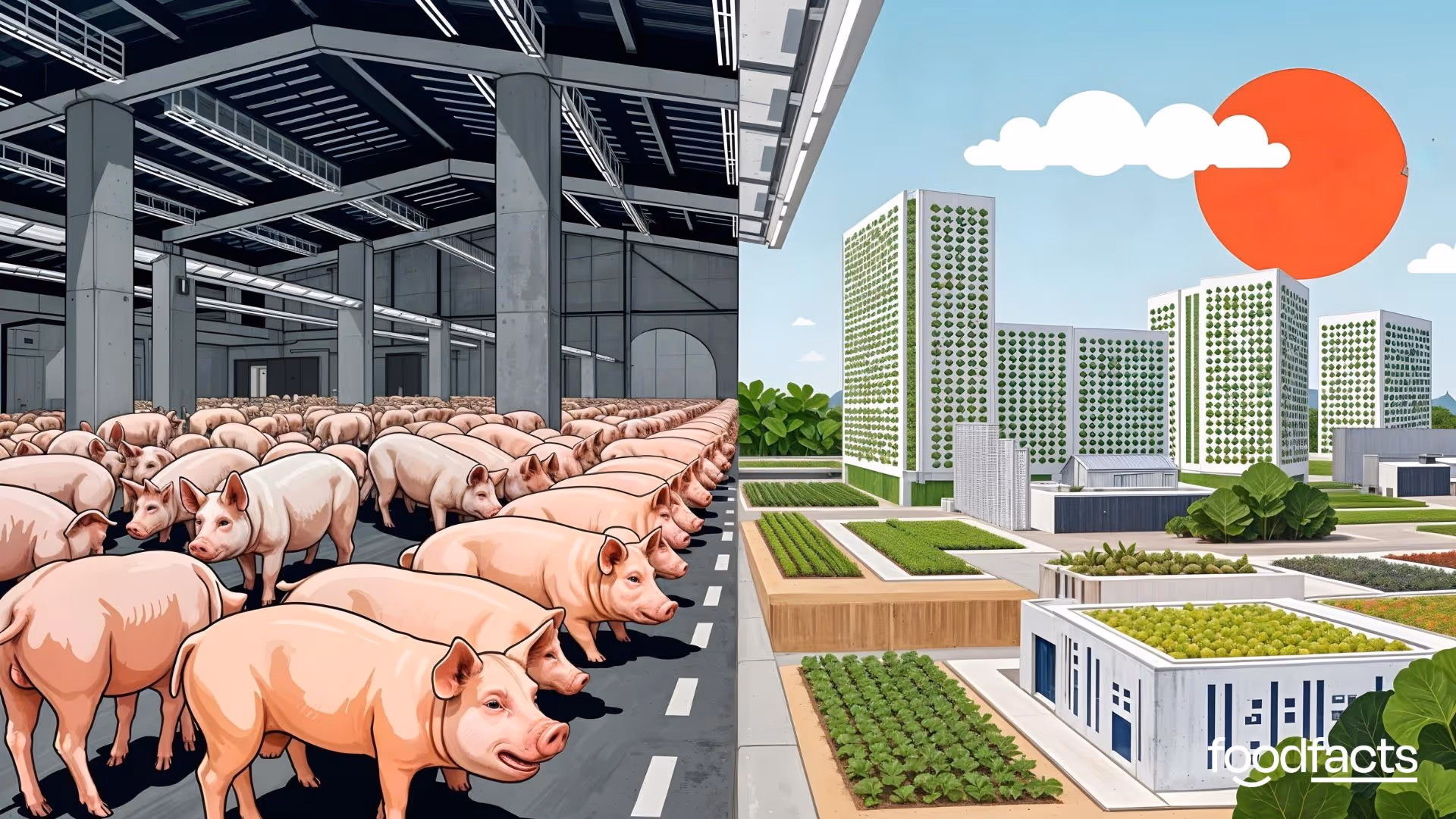 A split image showing two contrasting scenes: on the left, an overcrowded factory farm with pigs confined in a sterile, industrial environment; on the right, a vibrant, sustainable vertical farm with greenery and fresh produce. This visual encapsulates the stark difference between factory farming practices and the future of sustainable agriculture, aligning with the article "A Closer Look at Factory Farming." The article explores the ethical and environmental challenges of factory farming, highlighting the need for innovation in food systems, such as urban farming and plant-based alternatives.