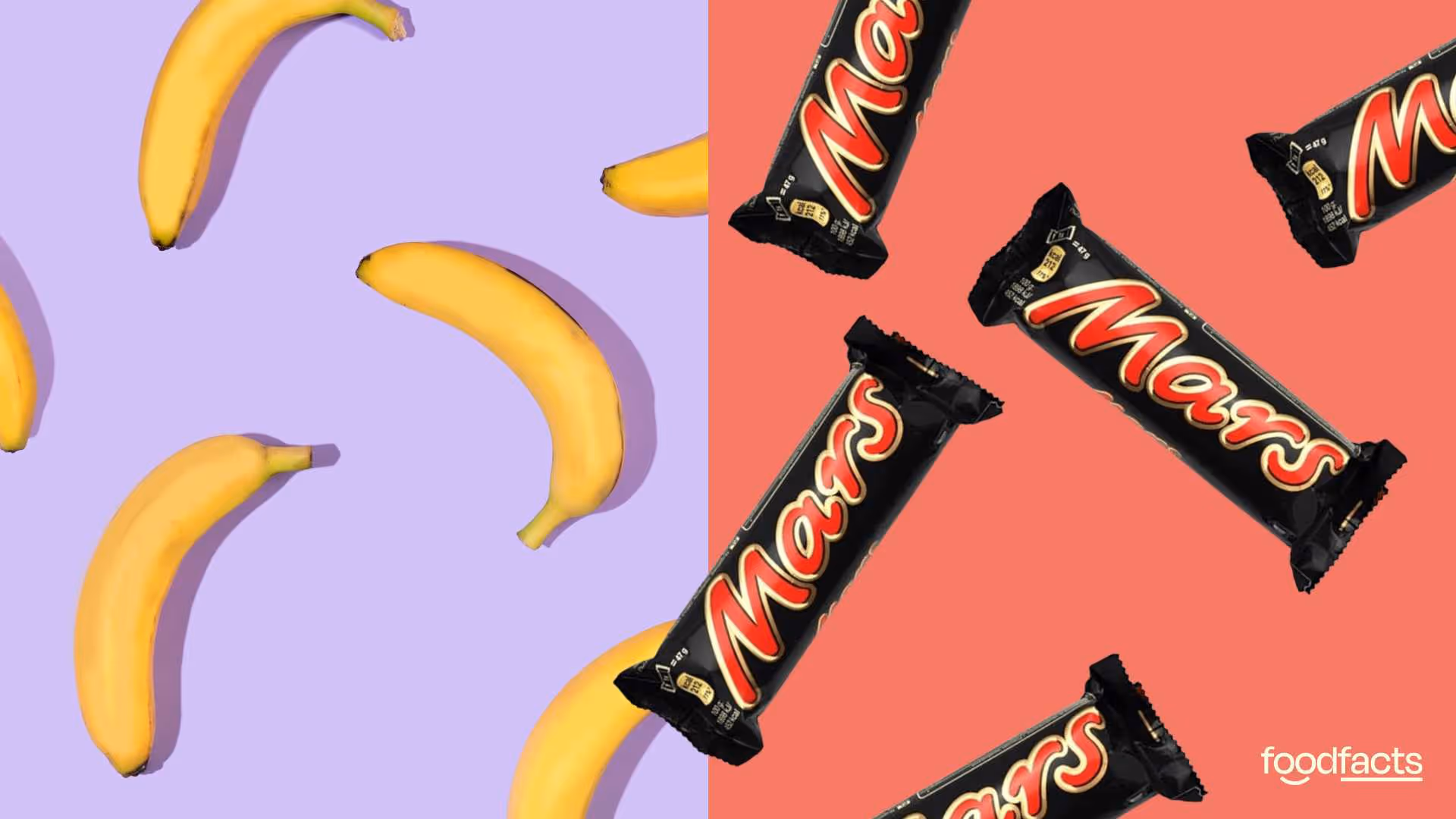 A split-screen image contrasting bananas on a pastel purple background with Mars bars on a red background. The visual represents the misleading nutritional comparisons often made between whole foods and processed snacks, echoing the article’s critique of oversimplified health claims that equate bananas with candy bars.