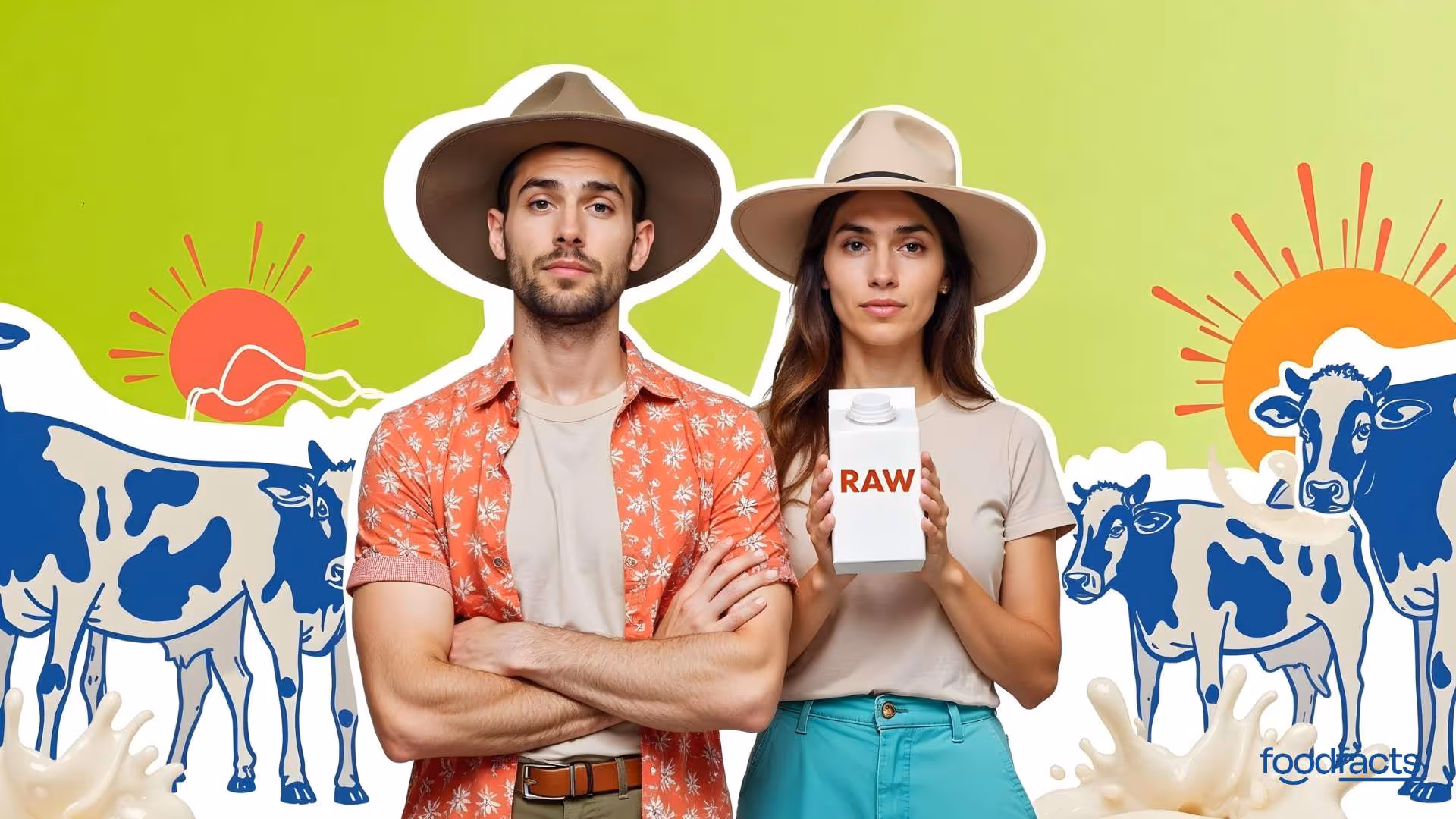 A man and woman stand side by side, both wearing large hats and casual attire. The woman holds a carton of "RAW" milk while the man stands with his arms crossed. In the background, illustrations of cows, milk splashes, and a bright sun set a rural scene. The image is colorful and vibrant, reflecting the topic discussed in the article Raw Milk and Its Effects on Asthma and Allergies from FoodFacts.org.