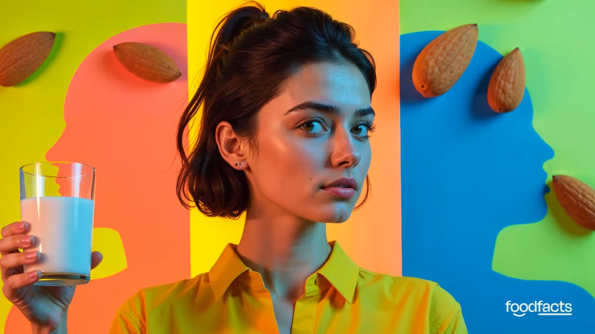 A woman in a bright yellow shirt holding a glass of milk, with colorful, neon backgrounds. Almonds float next to her on either side, symbolizing plant-based milk. The image connects to an article discussing media claims linking plant milks and depression.