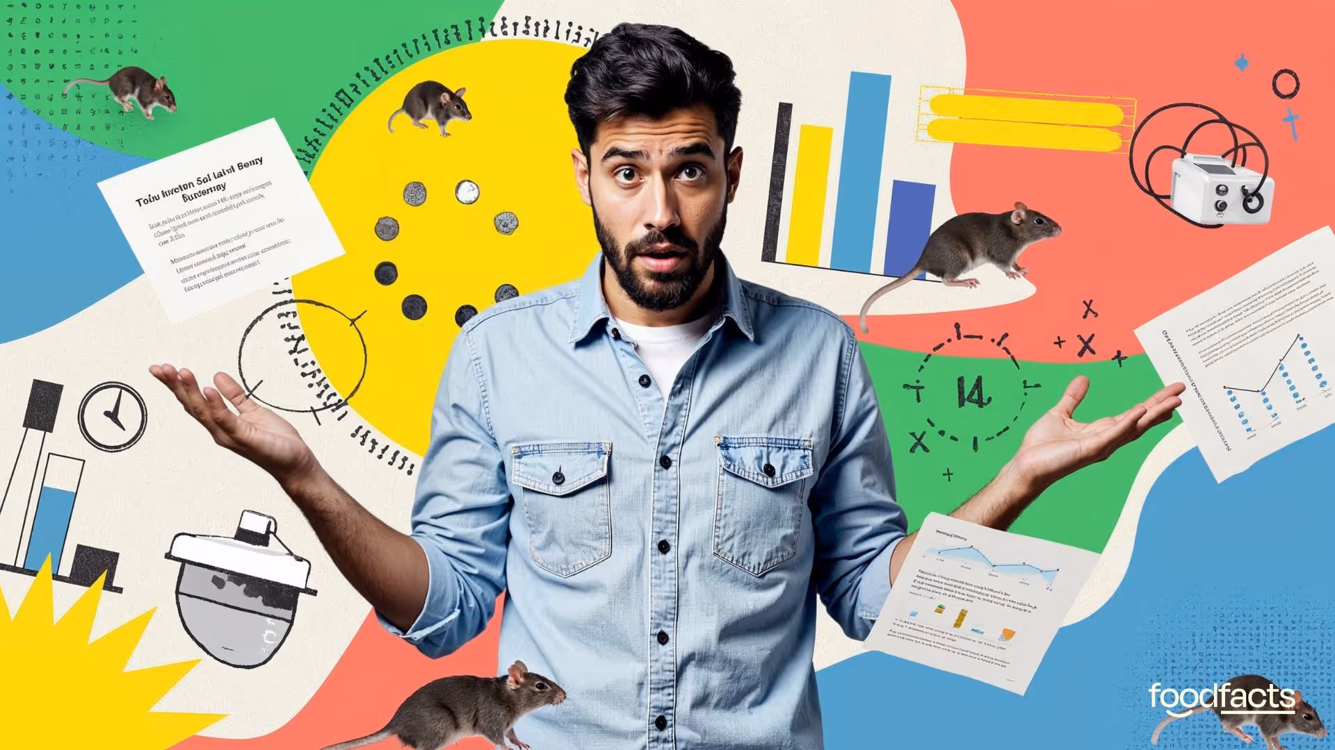 A surprised man stands surrounded by colorful illustrations of charts, scientific papers, lab equipment, and cartoon-like rats, suggesting confusion or skepticism. The collage-style background represents the chaos of misinterpreted research on social media. The image accompanies a FoodFacts.org article about spotting misused scientific studies online.