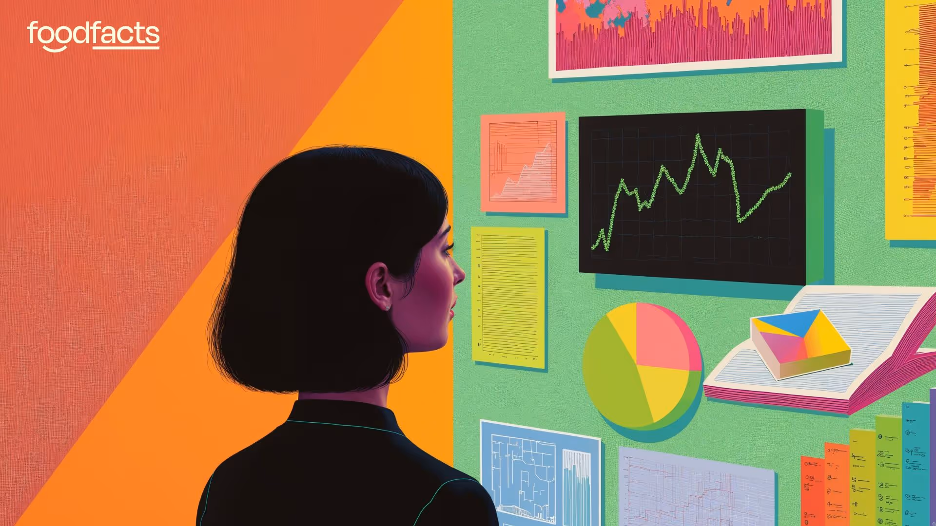 illustration of a female scientist looking at graphs on colourful wall 