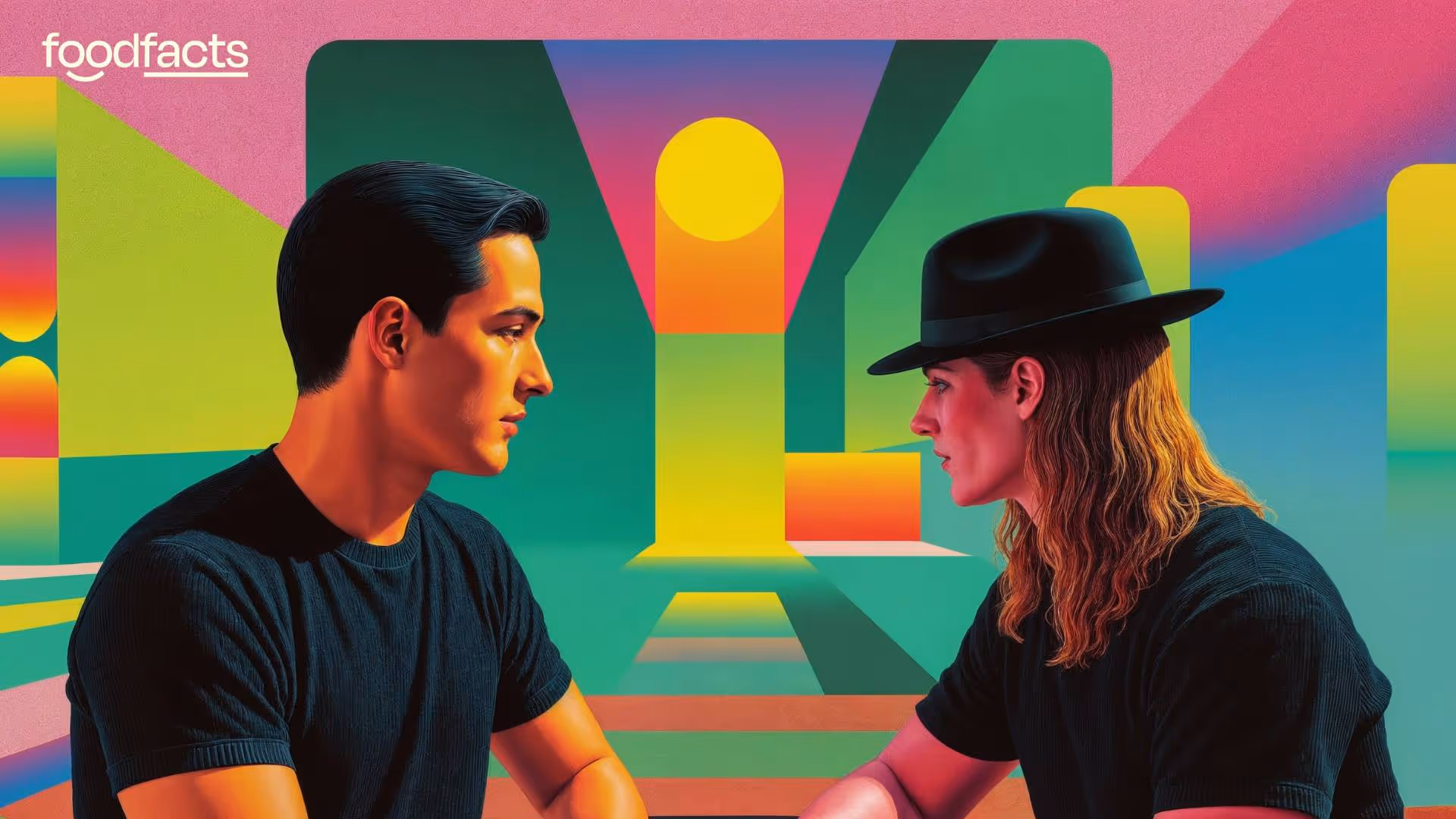 Two individuals sit facing each other in a vividly stylized, surreal environment filled with bold, geometric shapes and gradients of neon pink, green, and yellow. One wears a black hat and long hair, the other has short hair, both dressed in dark shirts—suggesting a dramatic or contemplative encounter in a dreamlike or metaphorical setting.