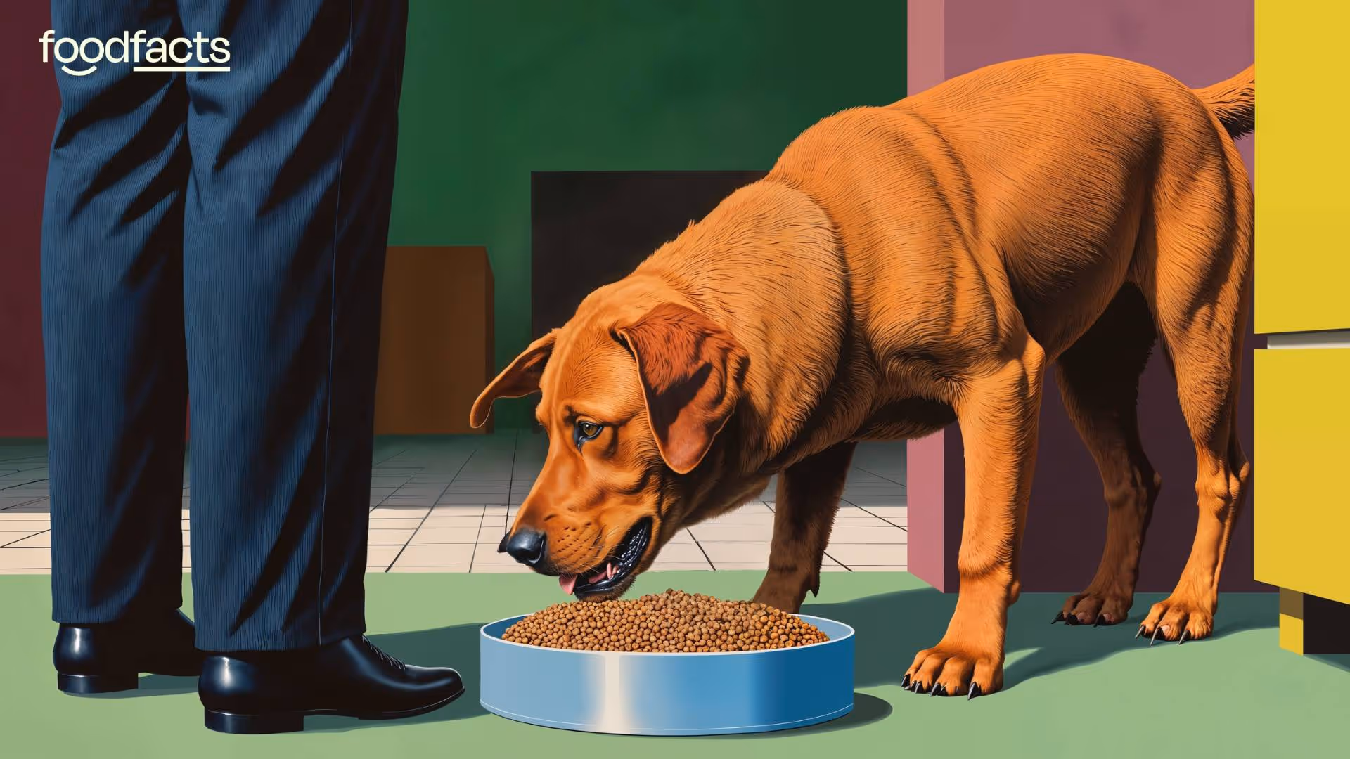 Illustration of a brown dog eating plant-based kibble from a blue bowl, next to a person's legs. This image relates to the growing interest in plant-based diets for dogs, as discussed in the linked FoodFacts.org article. The background is abstract with maroon, green, and yellow sections. The "foodfacts" logo is visible.