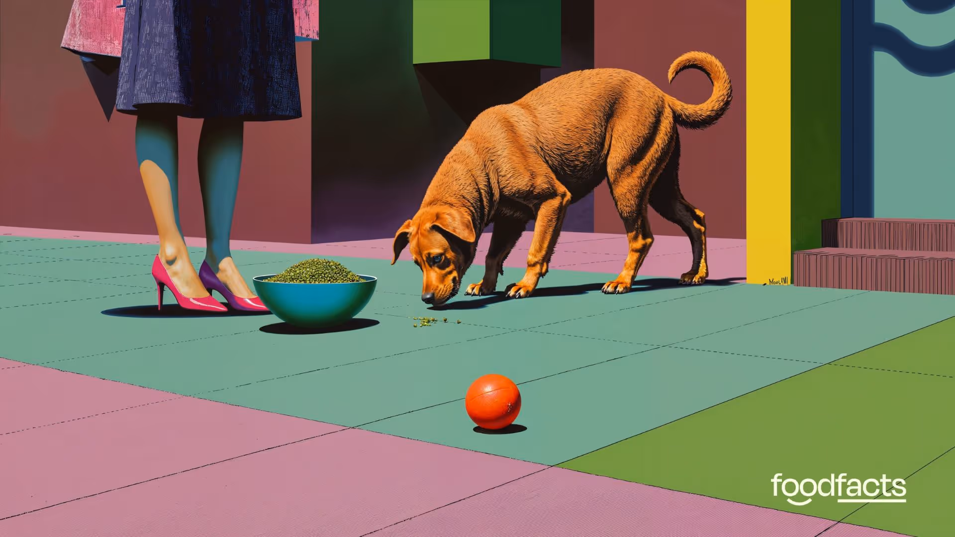 Illustration of a brown dog eating plant-based kibble from a blue bowl, next to a person's legs. This image relates to the growing interest in plant-based diets for dogs, as discussed in the linked FoodFacts.org article. The background is abstract with maroon, green, and yellow sections. The "foodfacts" logo is visible.