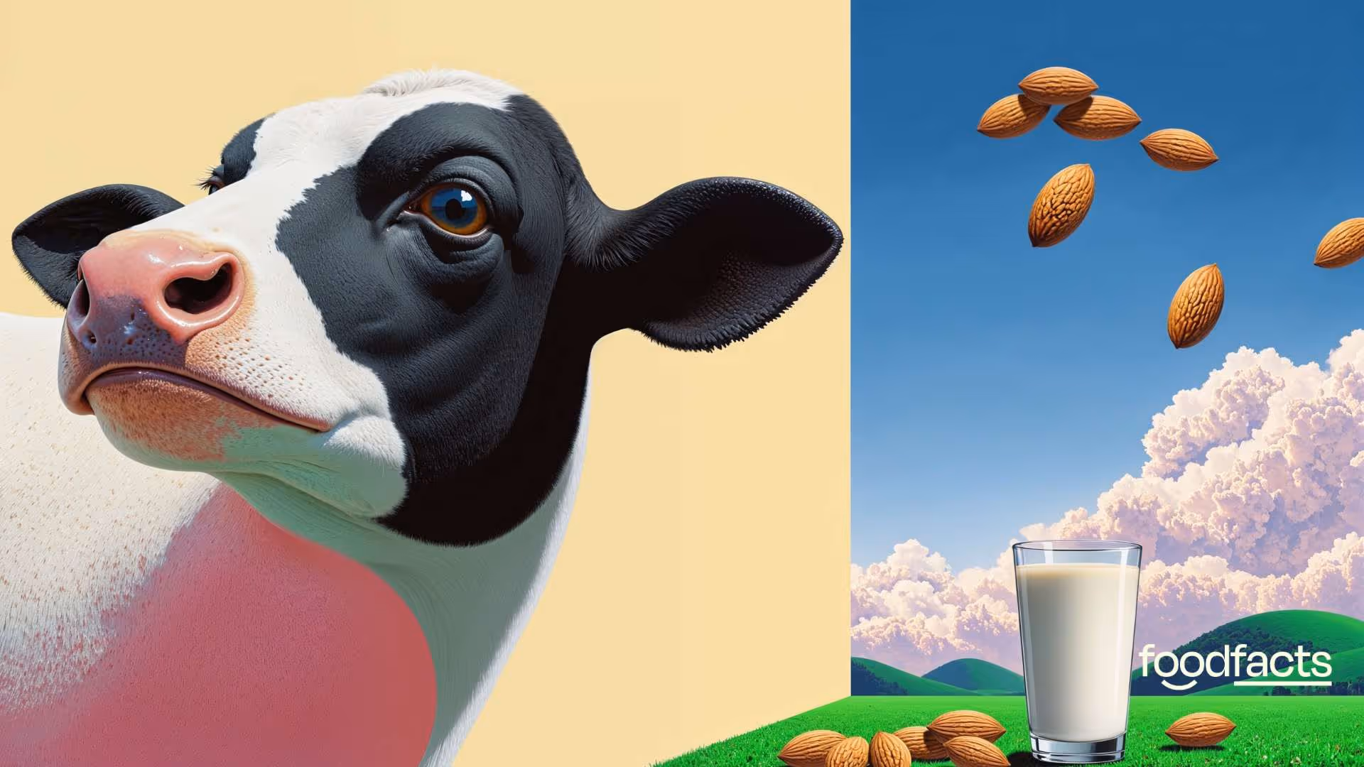 A surreal illustration features a cow surrounded by pastel clouds, with two oversized glasses of almond milk floating nearby—each containing a whole almond and cloudy sky imagery. The scene contrasts traditional dairy with plant-based alternatives in a dreamy, symbolic setting.