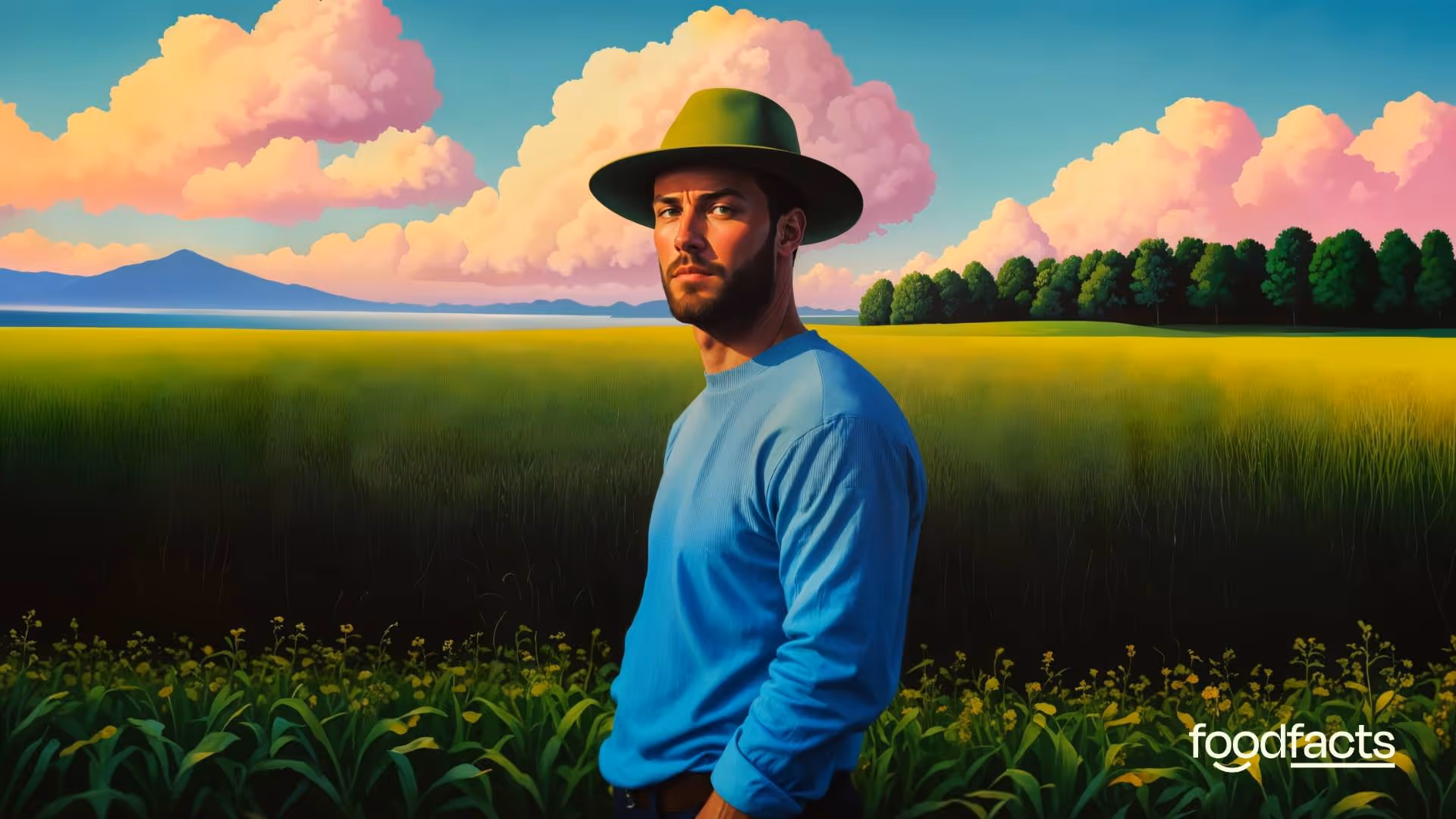 A contemplative farmer stands in a vibrant, scenic field, looking toward the horizon with a picturesque mountainous backdrop and a colorful sky. The scene symbolizes a harmonious relationship between agriculture and innovation. This aligns with the article "Farmers Say Lab-Grown Meat Is Not the Enemy," which discusses the growing acceptance of lab-grown meat within the farming community. The article emphasizes that lab-grown meat could complement traditional farming practices rather than replace them, fostering sustainability and reducing environmental impacts in the food production system.