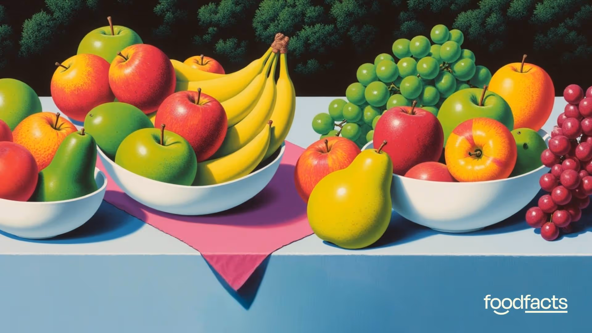 An illustration showcasing various fruits: red apples and yellow pears in a green bowl, red and green pears in a pink bowl, and green grapes in an orange bowl. A small blue bowl contains a pile of white sugar. This image visually represents the comparison between the natural sugars in fruit and processed sugars, a topic likely discussed in the linked FoodFacts.org article. The background features contrasting teal and pink surfaces.