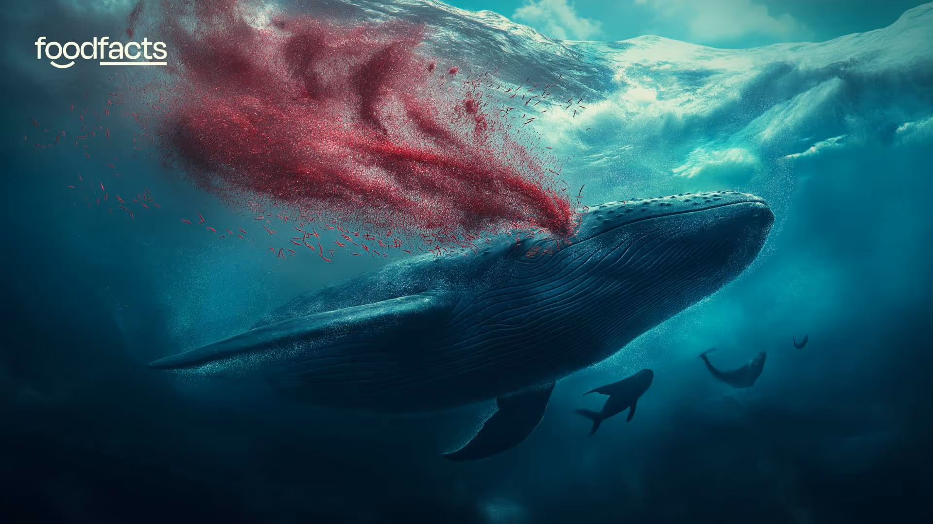 An illustration depicts a large blue whale swimming upwards towards the surface, where a cloud of red particles disperses in the water. Two smaller whales swim below. This image visually represents the potential negative impacts on the Antarctic ecosystem, specifically whales, from activities like krill harvesting, as discussed in the FoodFacts.org article. The scene is set in a cold, icy underwater environment.