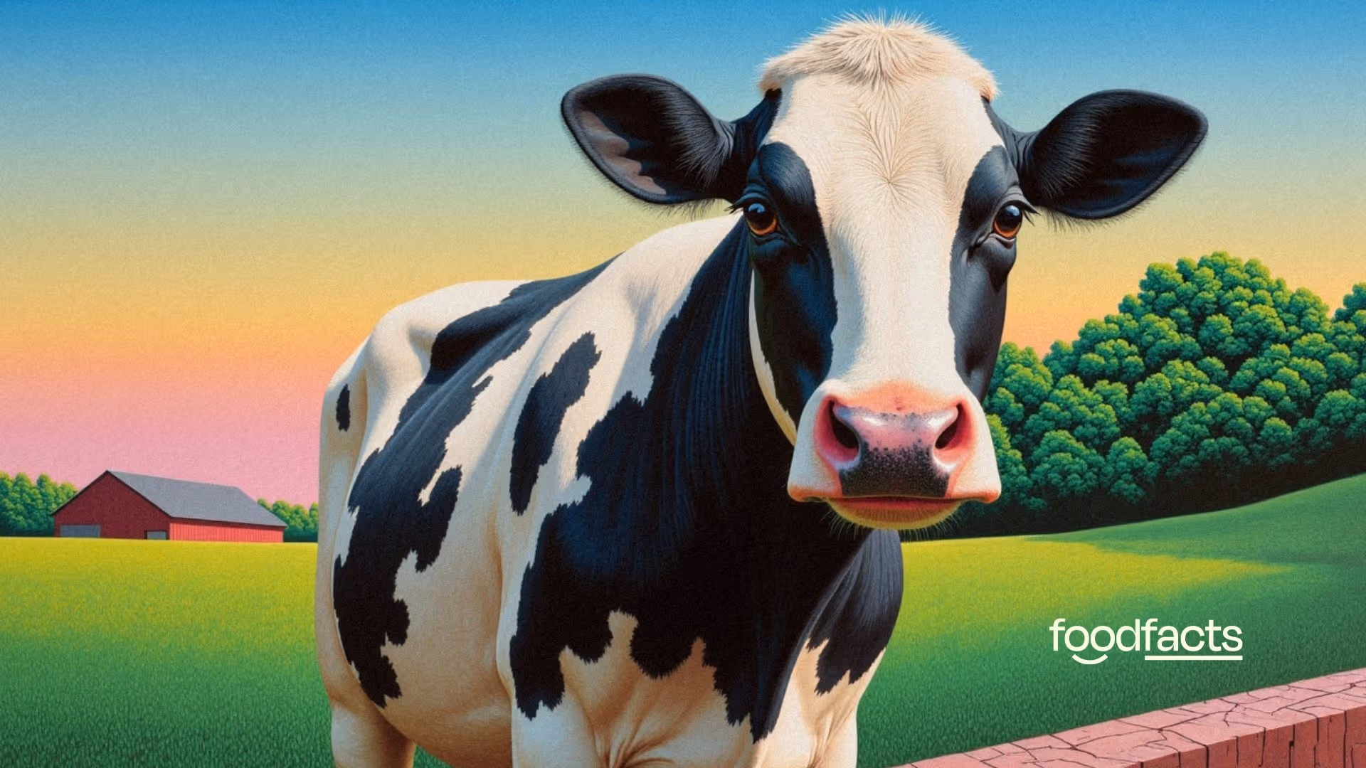 A split illustration contrasting two environments for dairy cows. On the left, a black and white cow stands in a sunny, green pasture under a blue sky with white clouds. On the right, a brown and white cow stands inside a dimly lit barn with metal walls and visible equipment. This visual juxtaposition highlights the different living conditions of dairy cows, relevant to the journey of dairy production.