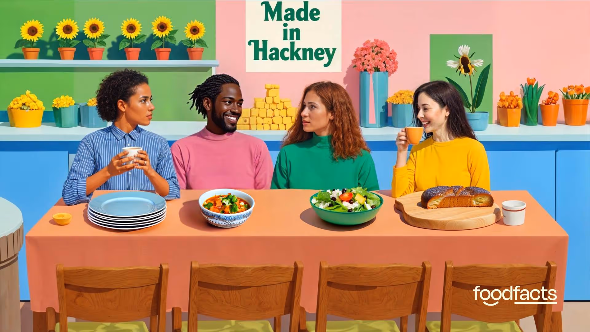 An illustration depicts five individuals seated around a table laden with plates of food. They appear to be enjoying a meal together in a bright and welcoming setting with indoor plants and a sign that reads "MADE IN HACKNEY". This scene visually represents the communal aspect of food and shared meals, highlighting how community kitchens foster food security.