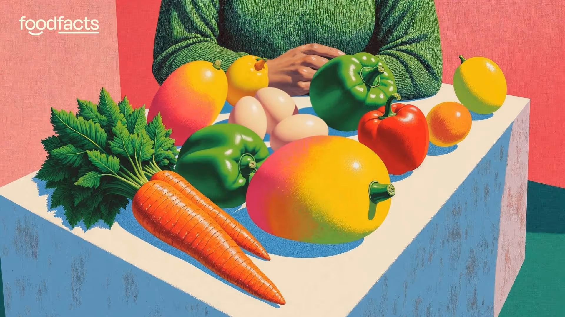 An illustration shows a variety of colorful fruits and vegetables arranged on a white surface. Carrots, leafy greens, bell peppers, mangoes, lemons, and eggs are visible. A person's hands rest on the table behind the produce. This selection of foods represents sources of vitamin A or foods relevant to a diet low in this nutrient, a topic discussed in this article.