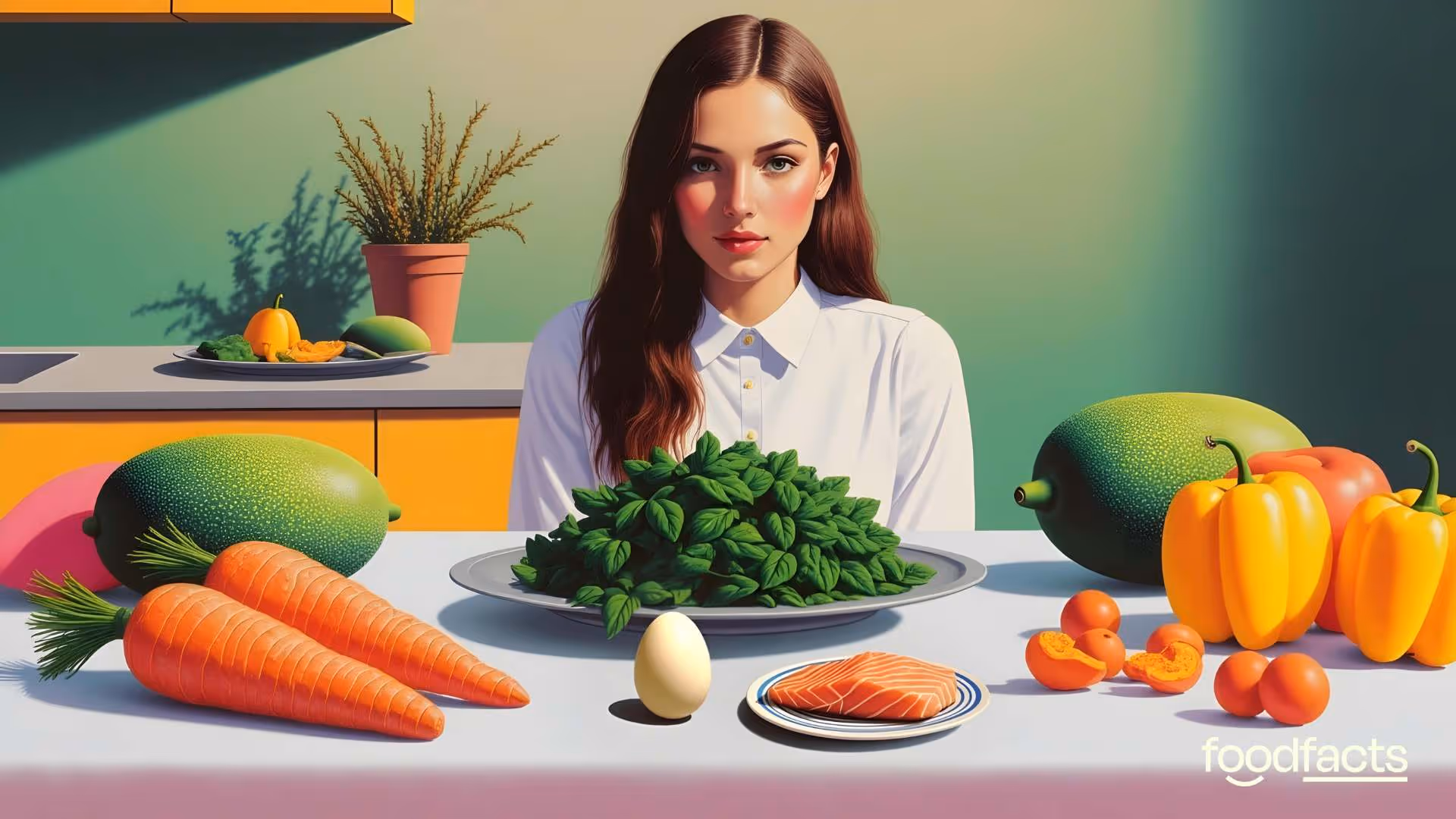 An illustration shows a variety of colorful fruits and vegetables arranged on a white surface. Carrots, leafy greens, bell peppers, mangoes, lemons, and eggs are visible. A person's hands rest on the table behind the produce. This selection of foods represents sources of vitamin A or foods relevant to a diet low in this nutrient, a topic discussed in this article.