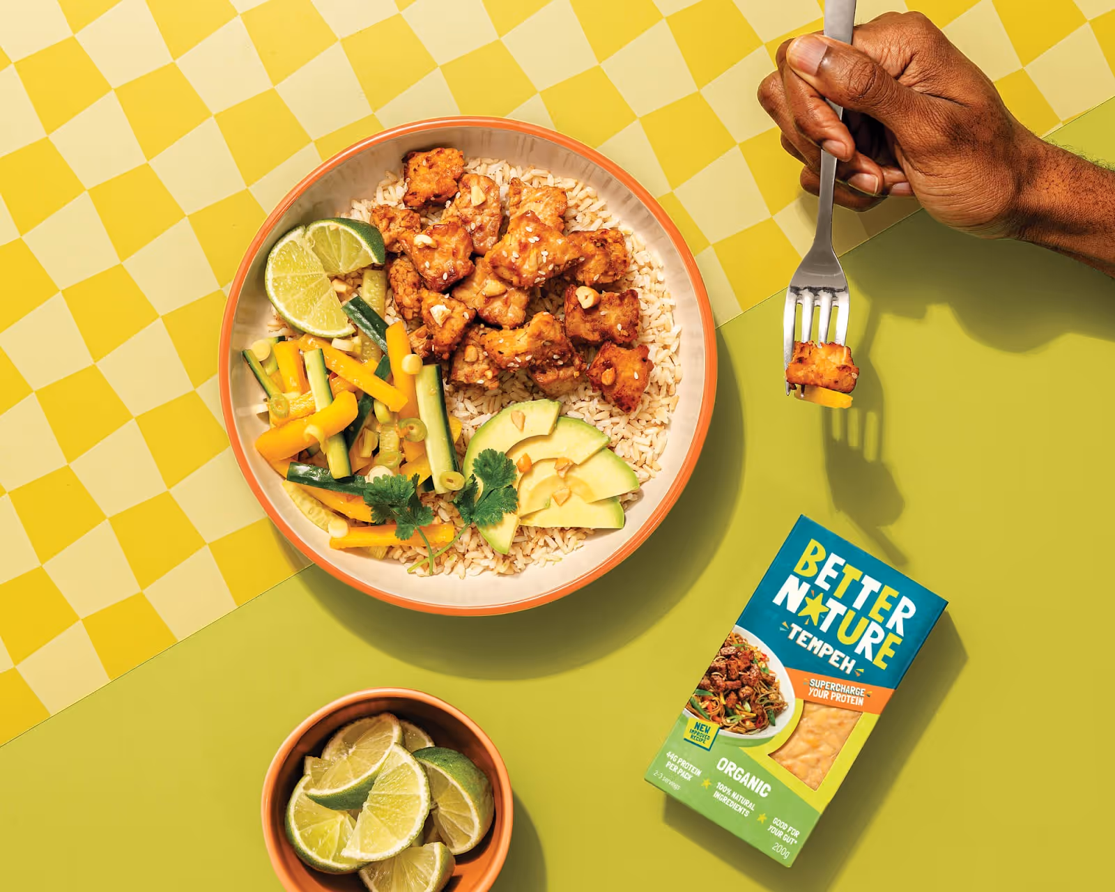 A delicious bowl of food is seen, with fried tempeh, avocado, rice, and other vegetables