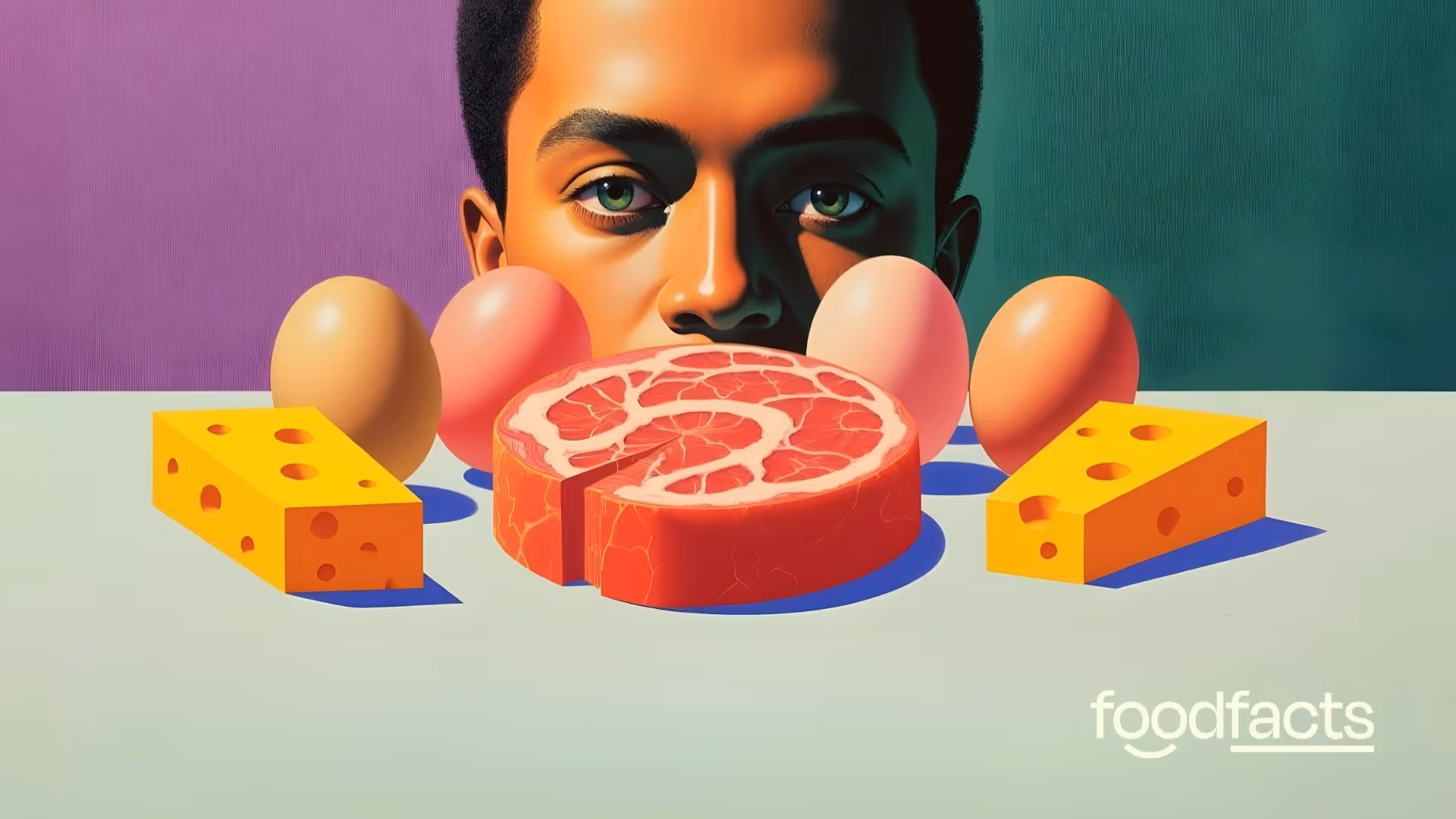 A stylized digital illustration of a high-protein meal spread, featuring various foods like eggs, beef, salmon, cheese, tofu, black beans, broccoli, and couscous, all arranged neatly on colorful plates and bowls—visually highlighting diverse sources of dietary protein from both animal and plant origins.