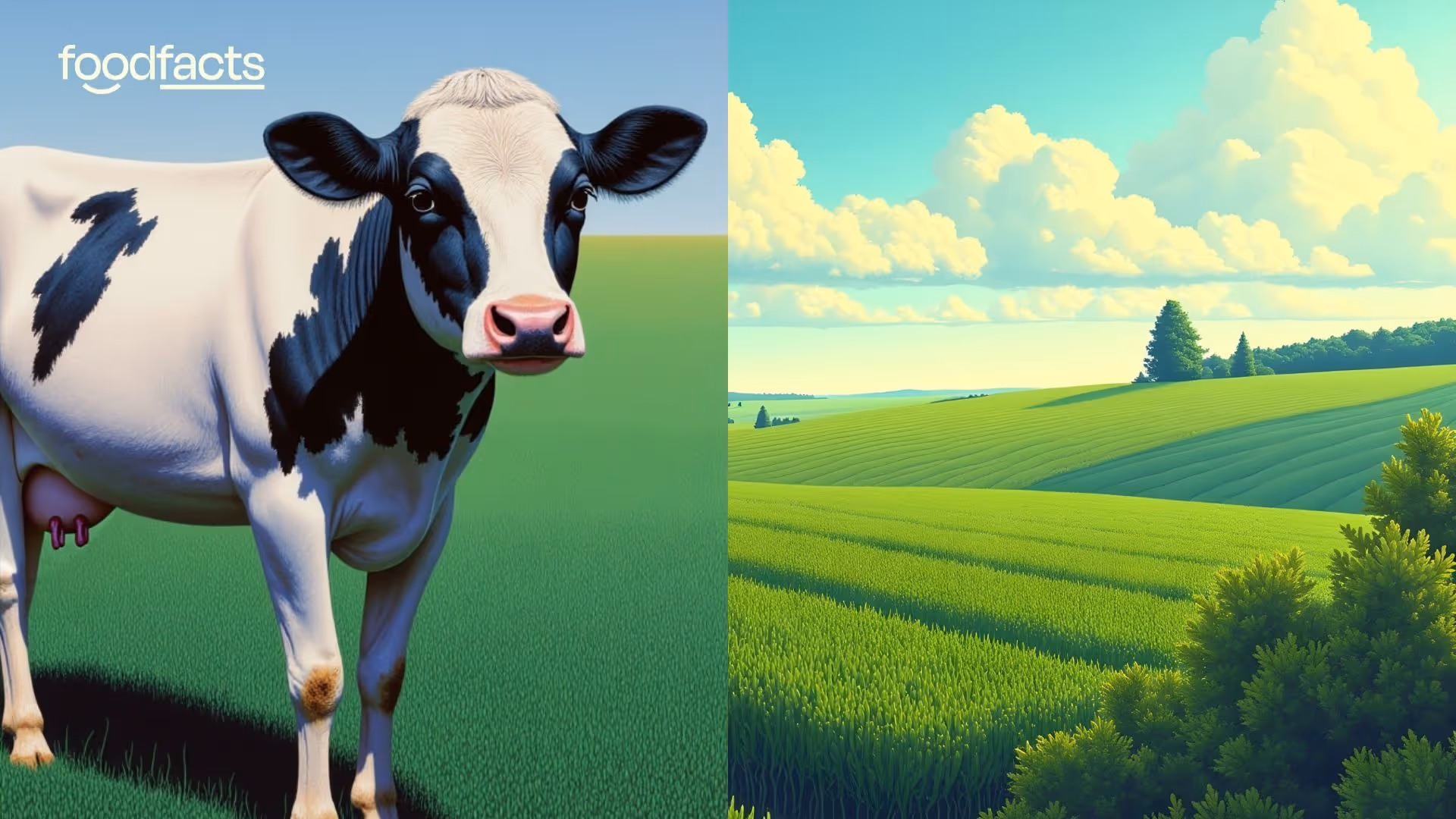 An illustration shows a black and white cow standing in a field that transitions from green grass to yellow flowers. The scene depicts a natural, pastoral setting. This imagery represents the traditional source of butter (dairy) in contrast to fields that yield ingredients for plant-based oils.