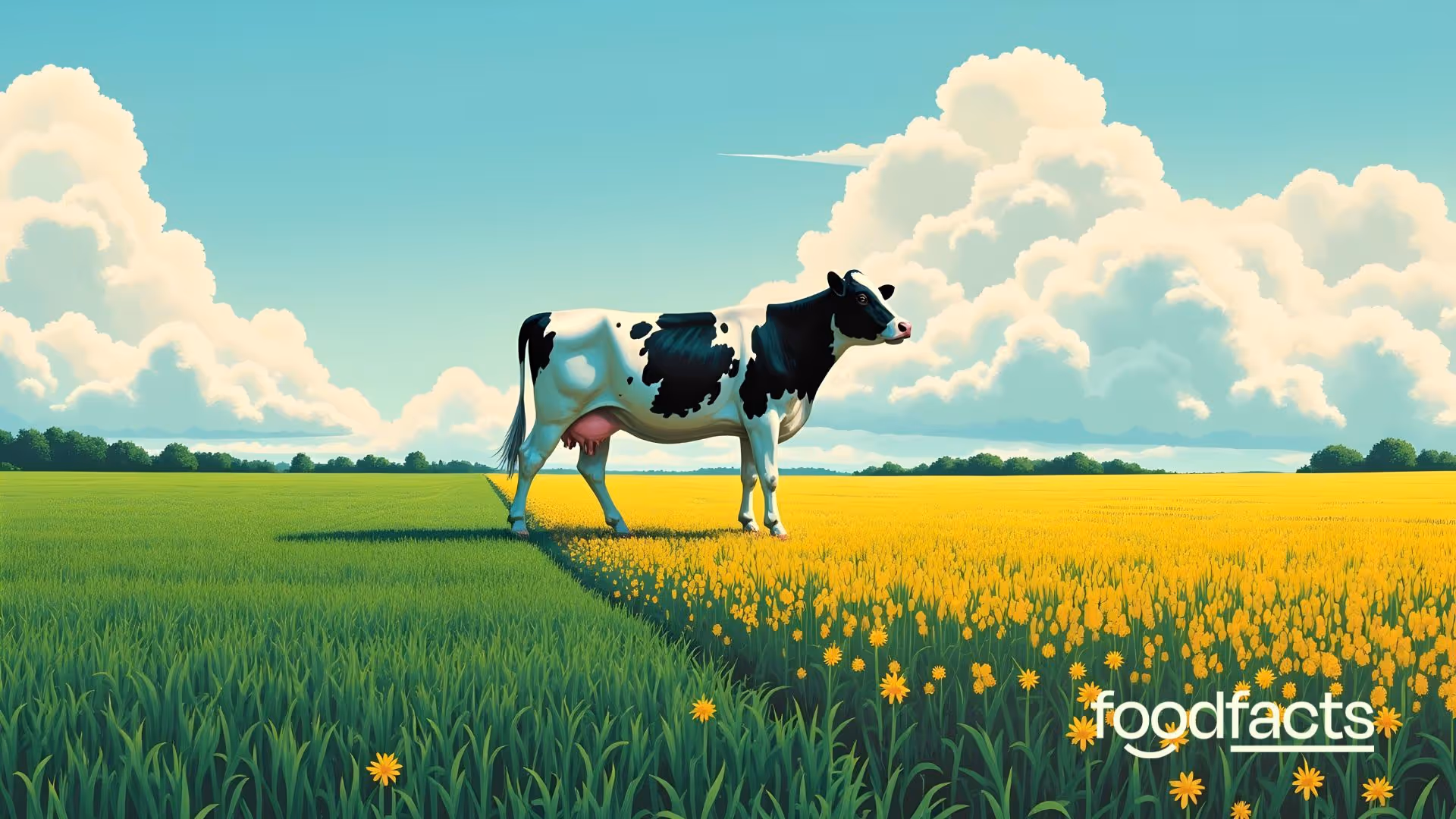 An illustration shows a black and white cow standing in a field that transitions from green grass to yellow flowers. The scene depicts a natural, pastoral setting. This imagery represents the traditional source of butter (dairy) in contrast to fields that yield ingredients for plant-based oils.