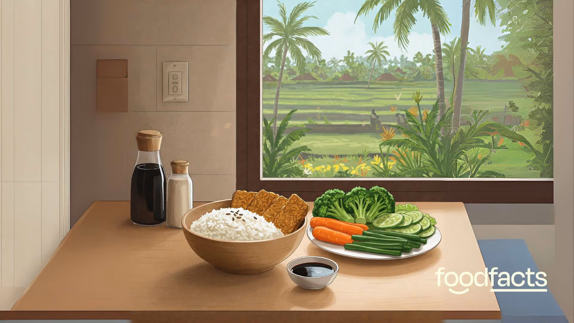 A colorful illustration features a bowl containing a variety of healthy foods. Included are rice, carrots, broccoli, edamame, and tempeh. These components together suggest a meal that is protein-rich (thanks to the tempeh) and beneficial for gut health.