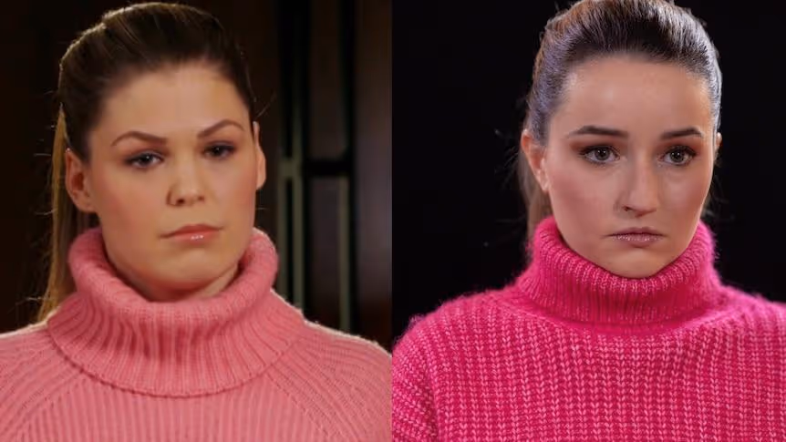 A side-by-side photo of Belle Gibson during her interview. On the right is the real Belle Gibson. On the left is the actress who portrays her in the Netflix show
