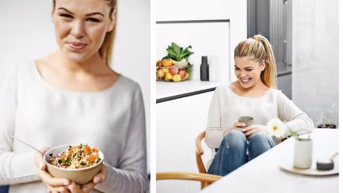 Two photos of Belle Gibson. Left: She holds a bowl of food and looks at the camera. Right: She sits at a table, smiling and holding a mug.
