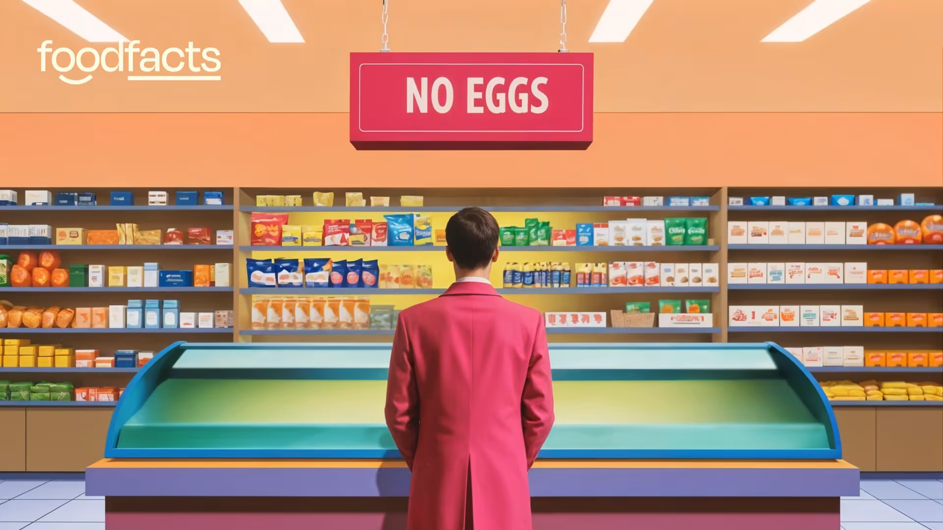 An illustration shows a person standing in front of an empty refrigerated display case in a grocery store. Above the case hangs a sign that reads "NO EGGS". The surrounding shelves are stocked with various food products. This scene visually represents the scarcity of eggs and its impact on consumers, a situation potentially caused by factors like bird flu, as discussed in this article.