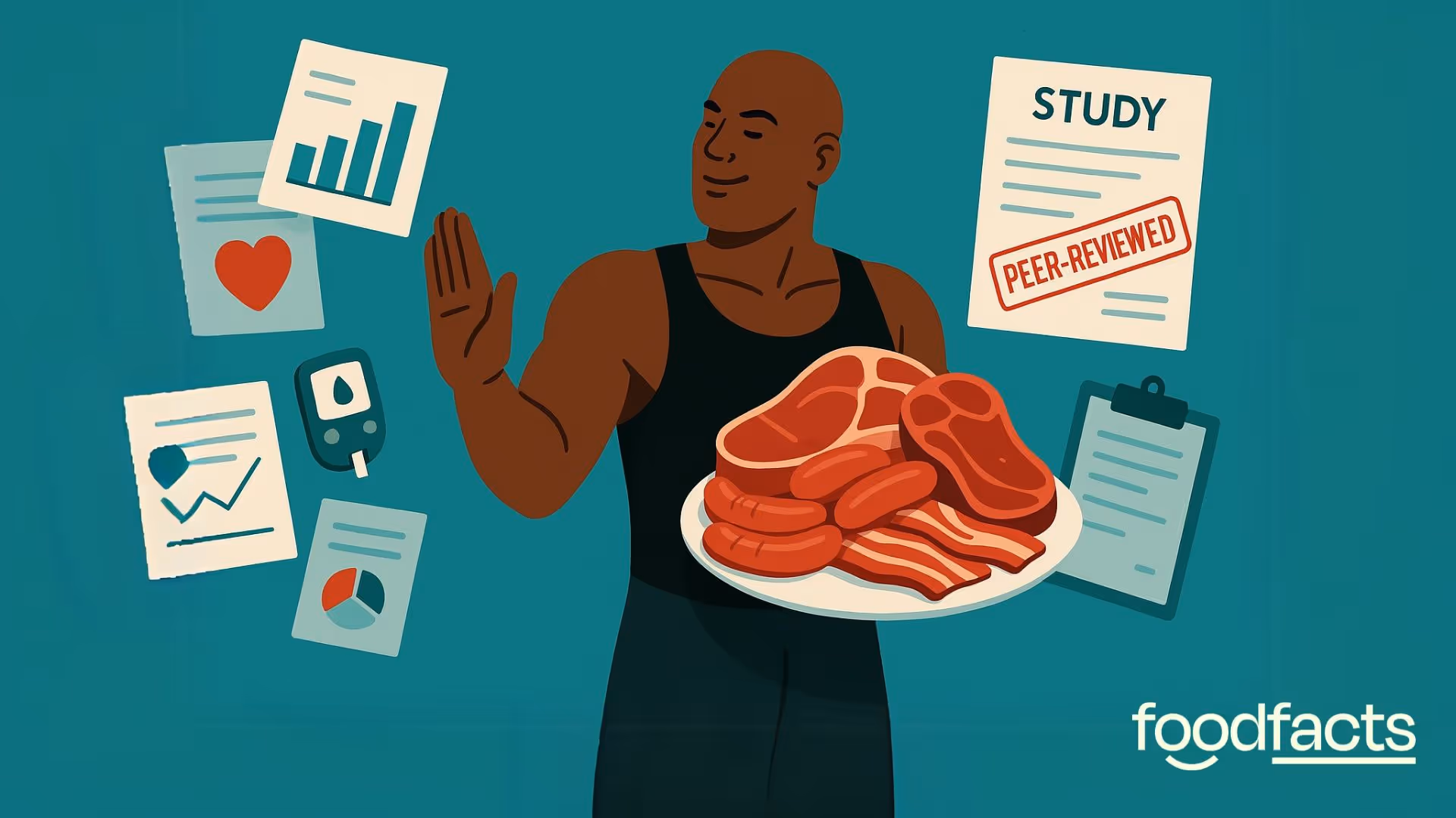 Illustration of a muscular man in a black tank top confidently holding a large plate of red meat while holding up his hand to reject scientific studies, heart health data, and a clipboard—symbolizing a dismissal of mainstream nutritional science. This image relates to Eddie Abbew’s controversial claim that eating only red meat for a month reduces inflammation and poses no health risks, despite scientific consensus to the contrary. Featured in FoodFacts.org’s analysis of misinformation around red meat and chronic disease risk.